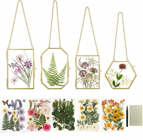 Pressed Flower Frame Kit, 4 Pack Hanging Glass Frames for Pressed Flowers with 84 Dried Flowers, Gold Double Glass Botanical Display Frames with Tweezers & Adhesive Dots for DIY Floral Decor in Saudi Arabia