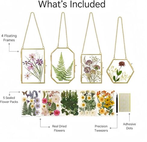 Pressed Flower Frame Kit, 4 Pack Hanging Glass Frames for Pressed Flowers with 84 Dried Flowers, Gold Double Glass Botanical Display Frames with Tweezers & Adhesive Dots for DIY Floral Decor in Saudi Arabia