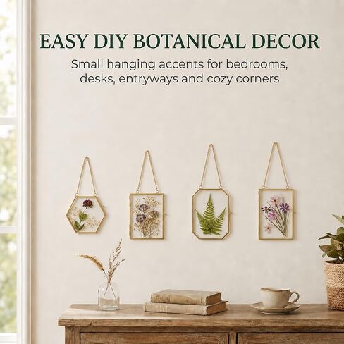 Pressed Flower Frame Kit, 4 Pack Hanging Glass Frames for Pressed Flowers with 84 Dried Flowers, Gold Double Glass Botanical Display Frames with Tweezers & Adhesive Dots for DIY Floral Decor in Saudi Arabia