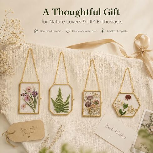 Pressed Flower Frame Kit, 4 Pack Hanging Glass Frames for Pressed Flowers with 84 Dried Flowers, Gold Double Glass Botanical Display Frames with Tweezers & Adhesive Dots for DIY Floral Decor in Saudi Arabia