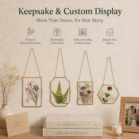 Pressed Flower Frame Kit, 4 Pack Hanging Glass Frames for Pressed Flowers with 84 Dried Flowers, Gold Double Glass Botanical Display Frames with Tweezers & Adhesive Dots for DIY Floral Decor in Saudi Arabia