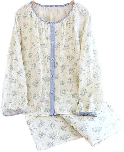 Women’s Pajama Set Cotton Gauze 2 Piece Muslin Lounge Set Button Down Top Pants Cute Sleepwear in Saudi Arabia