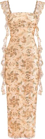 PRETTYGARDEN Floral Dress for Women 2026 Summer Formal Ruched Lace Ruffle Spring Cocktail Wedding Guest Maxi Long Dresses in Kuwait