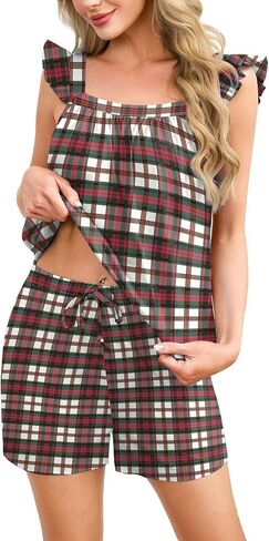 Cute Ruffle Womens Pajama Sets 2 Piece Summer Pj Plaid Sleeveless Tank Top and Shorts Bridal Pajamas with Pockets in Saudi Arabia