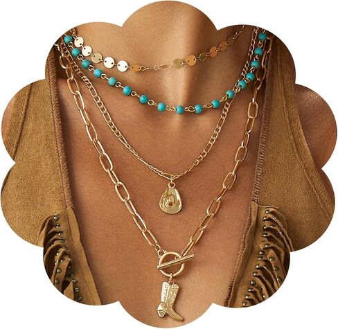 Boho Necklace for Women Stacks Western Layered Turquoise Choker Necklaces Cowgirl Ox-Head Hat Boots Necklace Cowboy Country Concert Beach Jewelry in Saudi Arabia