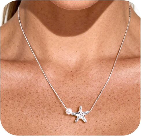 925 Sterling Silver Starfish Beach Necklace for Women Pendant with Starfish and Tiny Pearl Adjustable Chain Necklace for Summer Sea Jewelry in Saudi Arabia