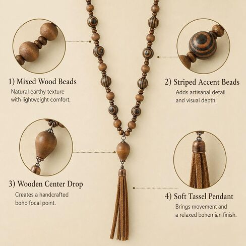 Wooden Beads Necklace Long Wood Beaded Necklace for Women Rosary Faith Inspired Jewelry Boho Handmade Tassel Lariat Statement Prom Vacation Outfits Accessories Party Birthday Gifts in Saudi Arabia