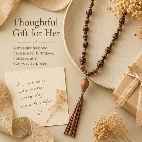Wooden Beads Necklace Long Wood Beaded Necklace for Women Rosary Faith Inspired Jewelry Boho Handmade Tassel Lariat Statement Prom Vacation Outfits Accessories Party Birthday Gifts in Saudi Arabia
