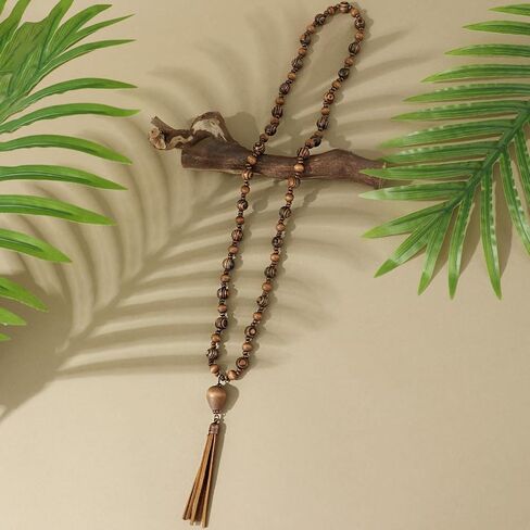 Wooden Beads Necklace Long Wood Beaded Necklace for Women Rosary Faith Inspired Jewelry Boho Handmade Tassel Lariat Statement Prom Vacation Outfits Accessories Party Birthday Gifts in Saudi Arabia