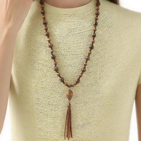 Wooden Beads Necklace Long Wood Beaded Necklace for Women Rosary Faith Inspired Jewelry Boho Handmade Tassel Lariat Statement Prom Vacation Outfits Accessories Party Birthday Gifts in Saudi Arabia