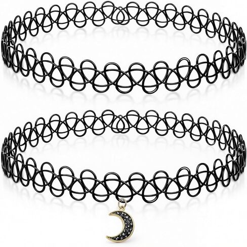 2PCS 90s Tattoo Gothic Choker Necklace Set - Black Stretchy Elastic Necklace with Moon Pendant Vintage Trendy Y2K Fashion Jewelry, Adjustable Retro Gothic Grunge Aesthetic Accessories for Women in Saudi Arabia