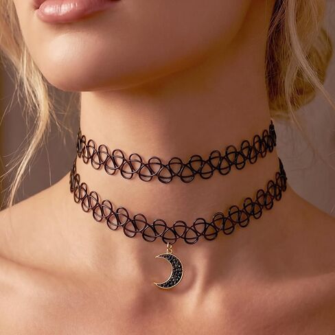 2PCS 90s Tattoo Gothic Choker Necklace Set - Black Stretchy Elastic Necklace with Moon Pendant Vintage Trendy Y2K Fashion Jewelry, Adjustable Retro Gothic Grunge Aesthetic Accessories for Women in Saudi Arabia