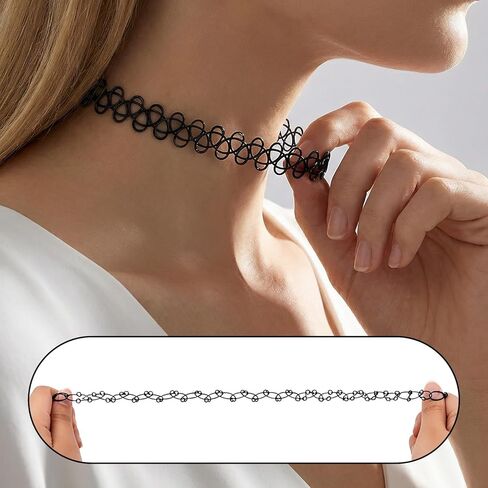 2PCS 90s Tattoo Gothic Choker Necklace Set - Black Stretchy Elastic Necklace with Moon Pendant Vintage Trendy Y2K Fashion Jewelry, Adjustable Retro Gothic Grunge Aesthetic Accessories for Women in Saudi Arabia