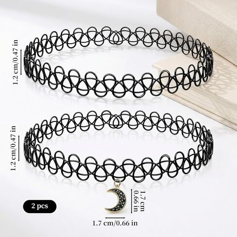 2PCS 90s Tattoo Gothic Choker Necklace Set - Black Stretchy Elastic Necklace with Moon Pendant Vintage Trendy Y2K Fashion Jewelry, Adjustable Retro Gothic Grunge Aesthetic Accessories for Women in Saudi Arabia