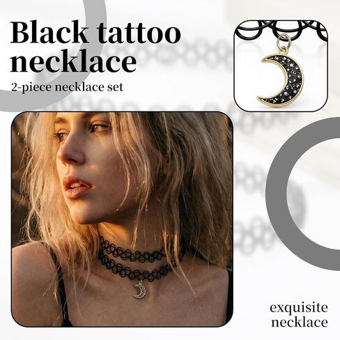 2PCS 90s Tattoo Gothic Choker Necklace Set - Black Stretchy Elastic Necklace with Moon Pendant Vintage Trendy Y2K Fashion Jewelry, Adjustable Retro Gothic Grunge Aesthetic Accessories for Women in Saudi Arabia