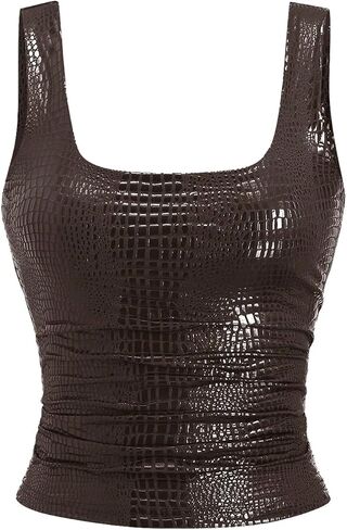 BEAUDRM Women's Y2K Faux Leather Tops Sexy Party Rave Club Outfits Ruched Crop Tops Square Neck Cropped Tank in Saudi Arabia
