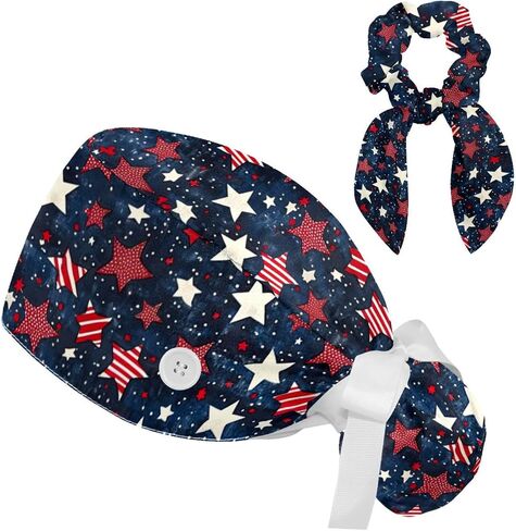 Scrub Caps Women, Surgical Caps with Ponytail Pouch and Buttons, Nurse Bouffant Adjustable, Stars Polka Dots Cartoon in Saudi Arabia