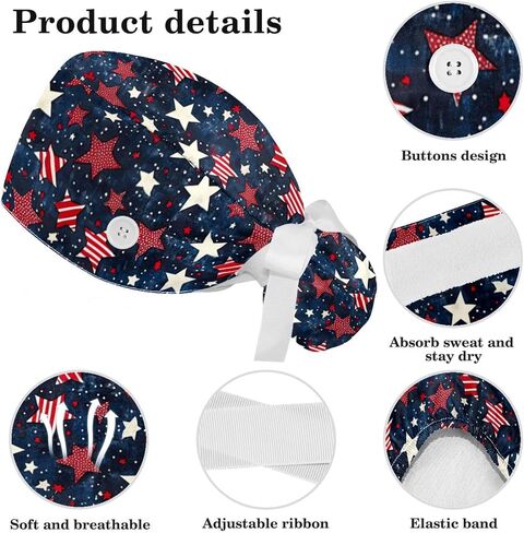 Scrub Caps Women, Surgical Caps with Ponytail Pouch and Buttons, Nurse Bouffant Adjustable, Stars Polka Dots Cartoon in Saudi Arabia