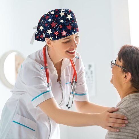 Scrub Caps Women, Surgical Caps with Ponytail Pouch and Buttons, Nurse Bouffant Adjustable, Stars Polka Dots Cartoon in Saudi Arabia
