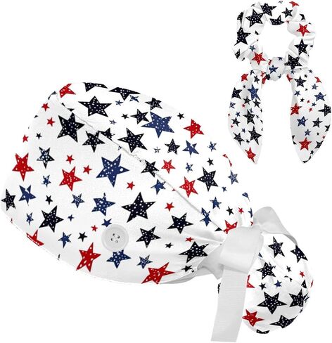 Scrub Caps Women, Surgical Caps with Ponytail Pouch and Buttons, Nurse Bouffant Adjustable, Stars Polka Dots Cartoon in Saudi Arabia