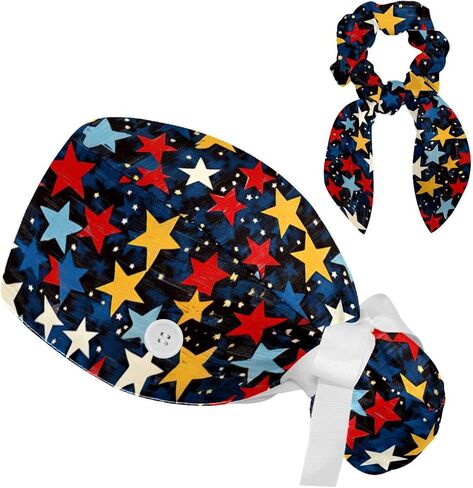 Scrub Caps Women, Surgical Caps with Ponytail Pouch and Buttons, Nurse Bouffant Adjustable, Stars Polka Dots Cartoon in Saudi Arabia