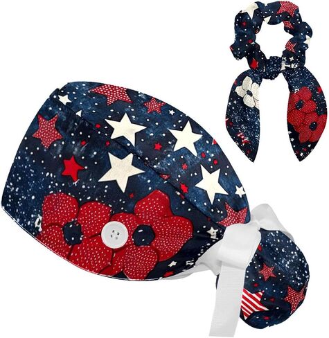 Scrub Caps Women, Surgical Caps with Ponytail Pouch and Buttons, Nurse Bouffant Adjustable, Stars Polka Dots Cartoon in Saudi Arabia