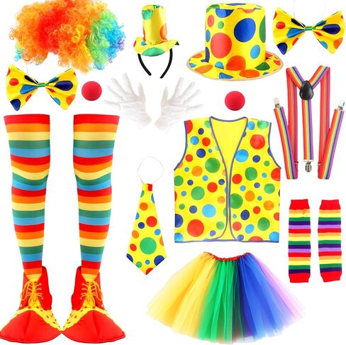 15 Pcs Adult Clown Costume Set Include Rainbow Tutu Skirt Clown Wig Nose Hat Clown Costume Accessories for Men Women Halloween Carnival Cosplay in Kuwait