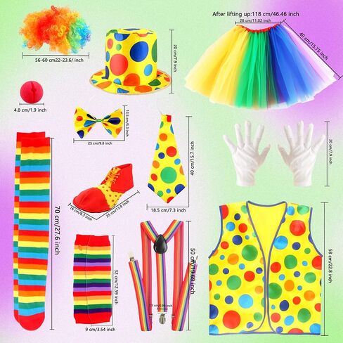 15 Pcs Adult Clown Costume Set Include Rainbow Tutu Skirt Clown Wig Nose Hat Clown Costume Accessories for Men Women Halloween Carnival Cosplay in Kuwait