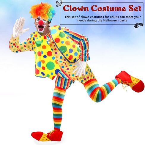15 Pcs Adult Clown Costume Set Include Rainbow Tutu Skirt Clown Wig Nose Hat Clown Costume Accessories for Men Women Halloween Carnival Cosplay in Kuwait