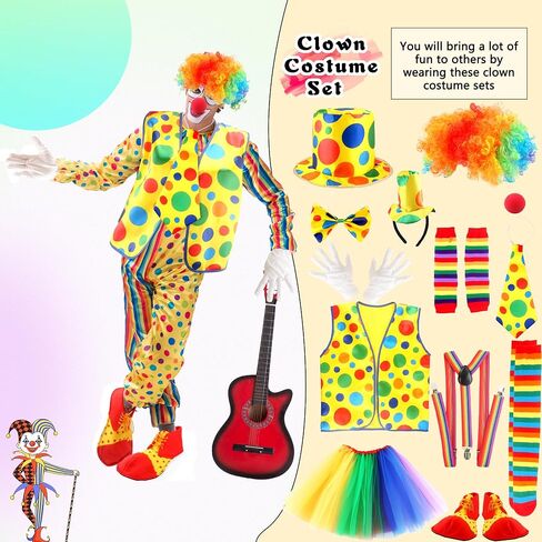 15 Pcs Adult Clown Costume Set Include Rainbow Tutu Skirt Clown Wig Nose Hat Clown Costume Accessories for Men Women Halloween Carnival Cosplay in Kuwait