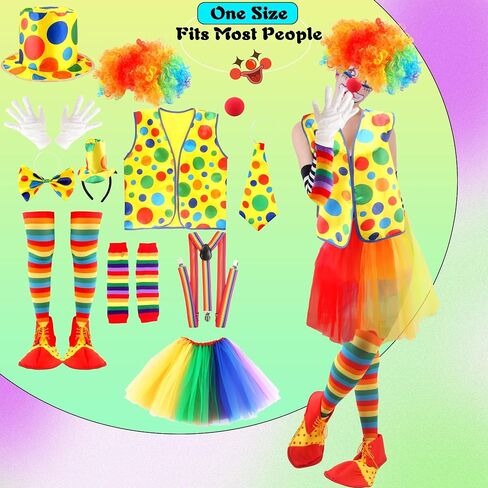 15 Pcs Adult Clown Costume Set Include Rainbow Tutu Skirt Clown Wig Nose Hat Clown Costume Accessories for Men Women Halloween Carnival Cosplay in Kuwait