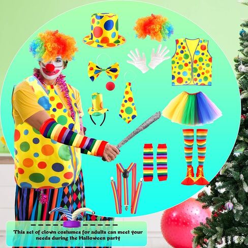 15 Pcs Adult Clown Costume Set Include Rainbow Tutu Skirt Clown Wig Nose Hat Clown Costume Accessories for Men Women Halloween Carnival Cosplay in Kuwait