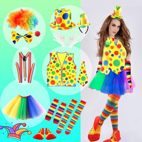 15 Pcs Adult Clown Costume Set Include Rainbow Tutu Skirt Clown Wig Nose Hat Clown Costume Accessories for Men Women Halloween Carnival Cosplay in Kuwait