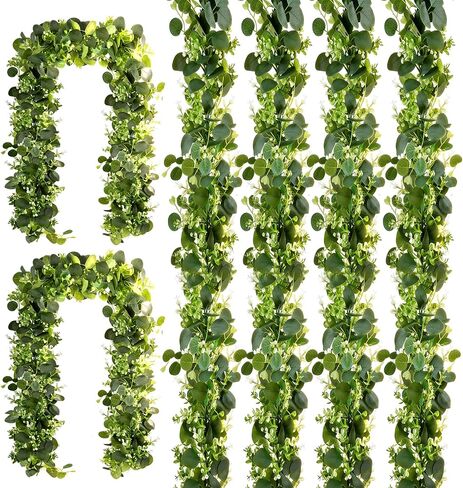 Eucalyptus Garland 4 Pack, Artificial Greenery | Faux silver dollar eucalyptus for small wedding tables, mantels and showers; flexible, reusable and easy to arrange in Kuwait