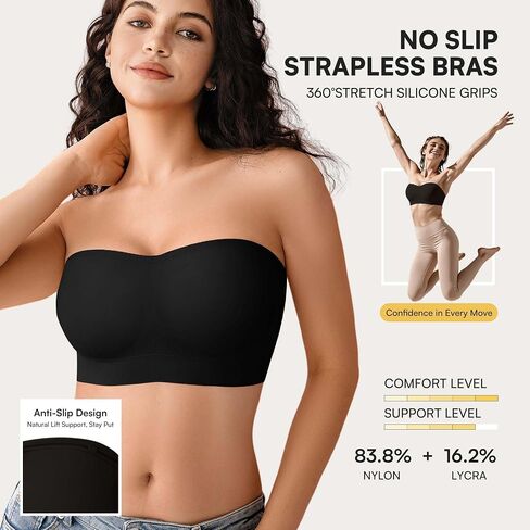 DEANGELMON Strapless Bras for Women Wireless Push Up Padded Bralette Seamless Non-Slip Tube Top Bandeau Bra with Removable Clear Straps,Black-L in Saudi Arabia