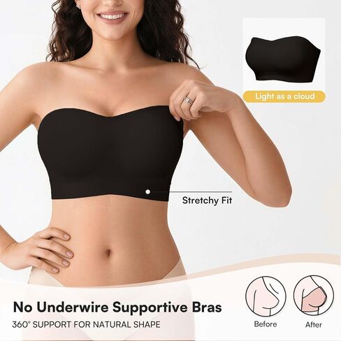DEANGELMON Strapless Bras for Women Wireless Push Up Padded Bralette Seamless Non-Slip Tube Top Bandeau Bra with Removable Clear Straps,Black-L in Saudi Arabia
