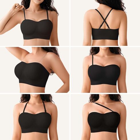 DEANGELMON Strapless Bras for Women Wireless Push Up Padded Bralette Seamless Non-Slip Tube Top Bandeau Bra with Removable Clear Straps,Black-L in Saudi Arabia