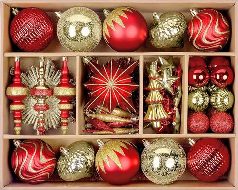 SHareconn 80pcs Christmas Balls Ornaments Set, Contemporary Light Luxury Gift Set, Shatterproof Plastic Decor for Xmas Tree Holiday Wedding Party Decorations with Hanging Strings, Red and Gold in Saudi Arabia