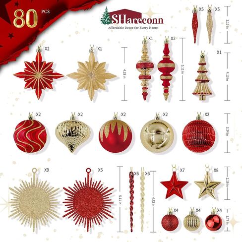 SHareconn 80pcs Christmas Balls Ornaments Set, Contemporary Light Luxury Gift Set, Shatterproof Plastic Decor for Xmas Tree Holiday Wedding Party Decorations with Hanging Strings, Red and Gold in Saudi Arabia