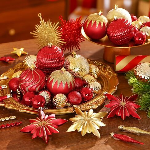 SHareconn 80pcs Christmas Balls Ornaments Set, Contemporary Light Luxury Gift Set, Shatterproof Plastic Decor for Xmas Tree Holiday Wedding Party Decorations with Hanging Strings, Red and Gold in Saudi Arabia