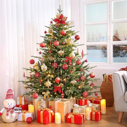SHareconn 80pcs Christmas Balls Ornaments Set, Contemporary Light Luxury Gift Set, Shatterproof Plastic Decor for Xmas Tree Holiday Wedding Party Decorations with Hanging Strings, Red and Gold in Saudi Arabia
