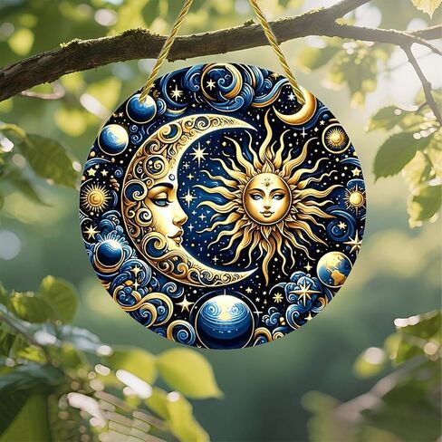 Colorful Acrylic Suncatcher, Stained Glass Celestial Moon and Sun 7-inch Hanging Window Wall Art Decor with Printed Stained Glass Style Design, Gift Idea & Garden Ornament Indoor Outdoor Use in Kuwait
