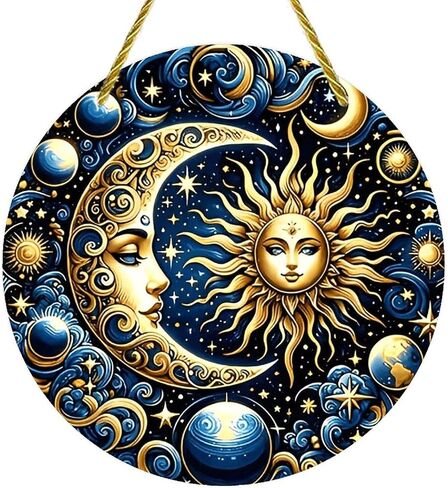 Colorful Acrylic Suncatcher, Stained Glass Celestial Moon and Sun 7-inch Hanging Window Wall Art Decor with Printed Stained Glass Style Design, Gift Idea & Garden Ornament Indoor Outdoor Use in Kuwait