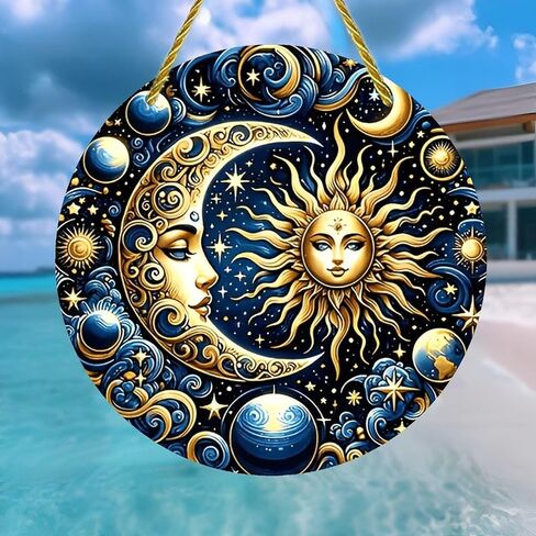 Colorful Acrylic Suncatcher, Stained Glass Celestial Moon and Sun 7-inch Hanging Window Wall Art Decor with Printed Stained Glass Style Design, Gift Idea & Garden Ornament Indoor Outdoor Use in Kuwait