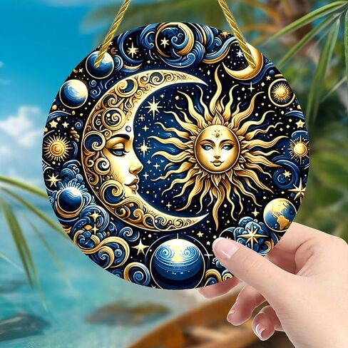 Colorful Acrylic Suncatcher, Stained Glass Celestial Moon and Sun 7-inch Hanging Window Wall Art Decor with Printed Stained Glass Style Design, Gift Idea & Garden Ornament Indoor Outdoor Use in Kuwait