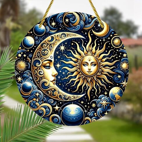 Colorful Acrylic Suncatcher, Stained Glass Celestial Moon and Sun 7-inch Hanging Window Wall Art Decor with Printed Stained Glass Style Design, Gift Idea & Garden Ornament Indoor Outdoor Use in Kuwait