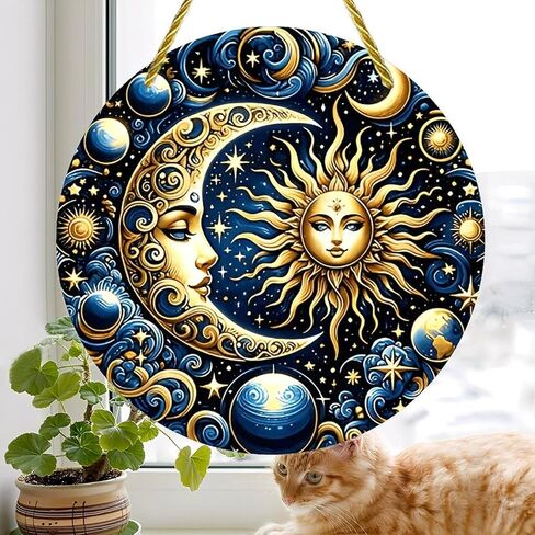 Colorful Acrylic Suncatcher, Stained Glass Celestial Moon and Sun 7-inch Hanging Window Wall Art Decor with Printed Stained Glass Style Design, Gift Idea & Garden Ornament Indoor Outdoor Use in Kuwait