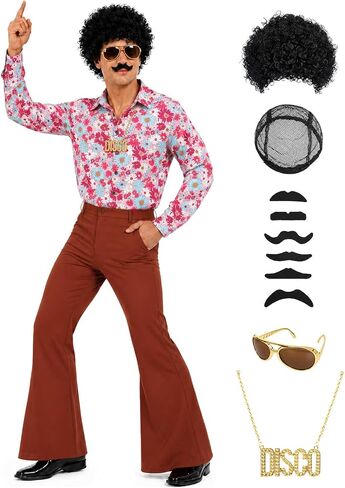 70s Outfits for Men – Retro Disco Costume Set with Shirt, Bell Bottom Pants for 1970 Theme Party Halloween in Saudi Arabia