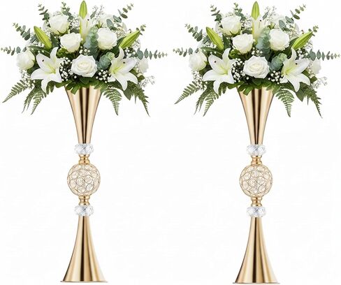 Crystal Gold Flower Vases for Centerpieces: Metal Trumpet Vases for Table, Elegant Flower Stands with Crystal Ball - Floral Decorations for Events Christmas Wedding Home Decor (Gold, 21.6in-2pcs) in Saudi Arabia