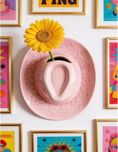 Ceramic Cowboy Hat Vase - 8.2" Pink Handmade Hanging Flower Planter, Western Boho Room Decor & Coastal Cowgirl Aesthetic Wall Art for Home Decor in Saudi Arabia